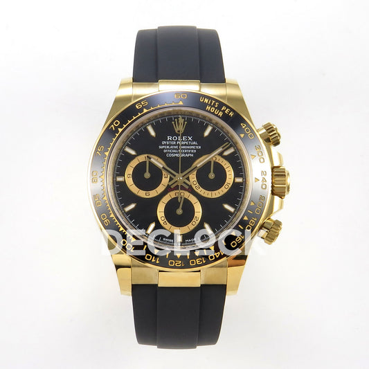 Rolex Daytona 126518 WF JH4131 black dial yellow-gold replica - front view of black dial, gold-coloured chronograph rings and Oysterflex strap
