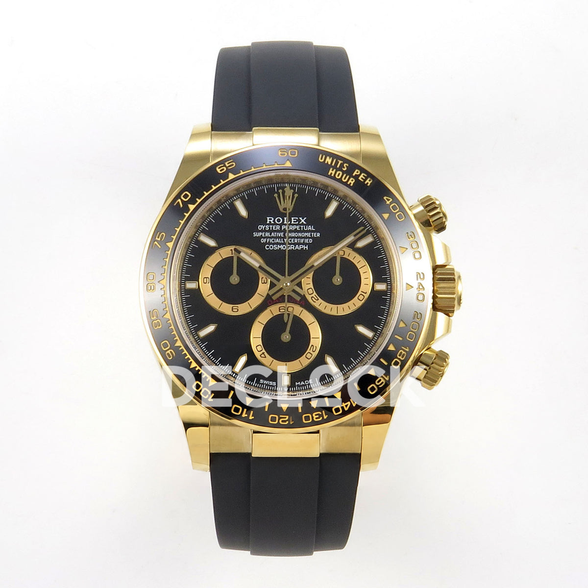 Rolex Daytona 126518 WF JH4131 black dial yellow-gold replica - front view of black dial, gold-coloured chronograph rings and Oysterflex strap
