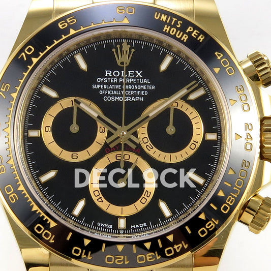 Rolex Daytona 126518 WF JH4131 black dial yellow-gold replica - black dial and gold-coloured chronograph rings close-up
