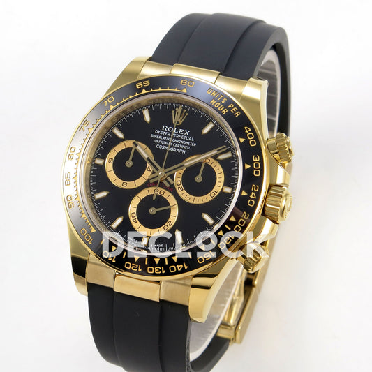 Rolex Daytona 126518 WF JH4131 black dial yellow-gold replica - angled front view of yellow-gold-finish case and Oysterflex strap