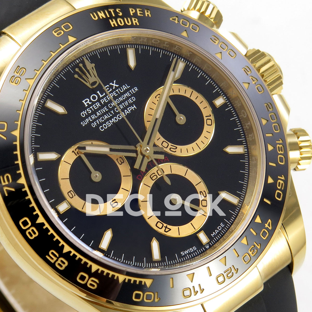 Rolex Daytona 126518 WF JH4131 black dial yellow-gold replica - angled black dial and gold-coloured chronograph rings close-up