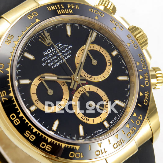 Rolex Daytona 126518 WF JH4131 black dial yellow-gold replica - angled black dial and gold-coloured chronograph rings close-up