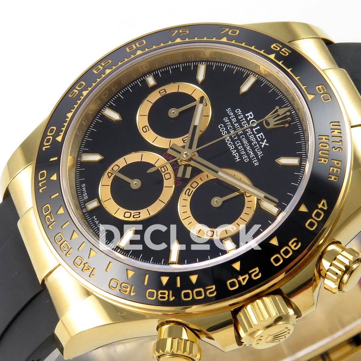 Rolex Daytona 126518 WF JH4131 black dial yellow-gold replica - horizontal angled black dial, hands and black ceramic tachymeter bezel