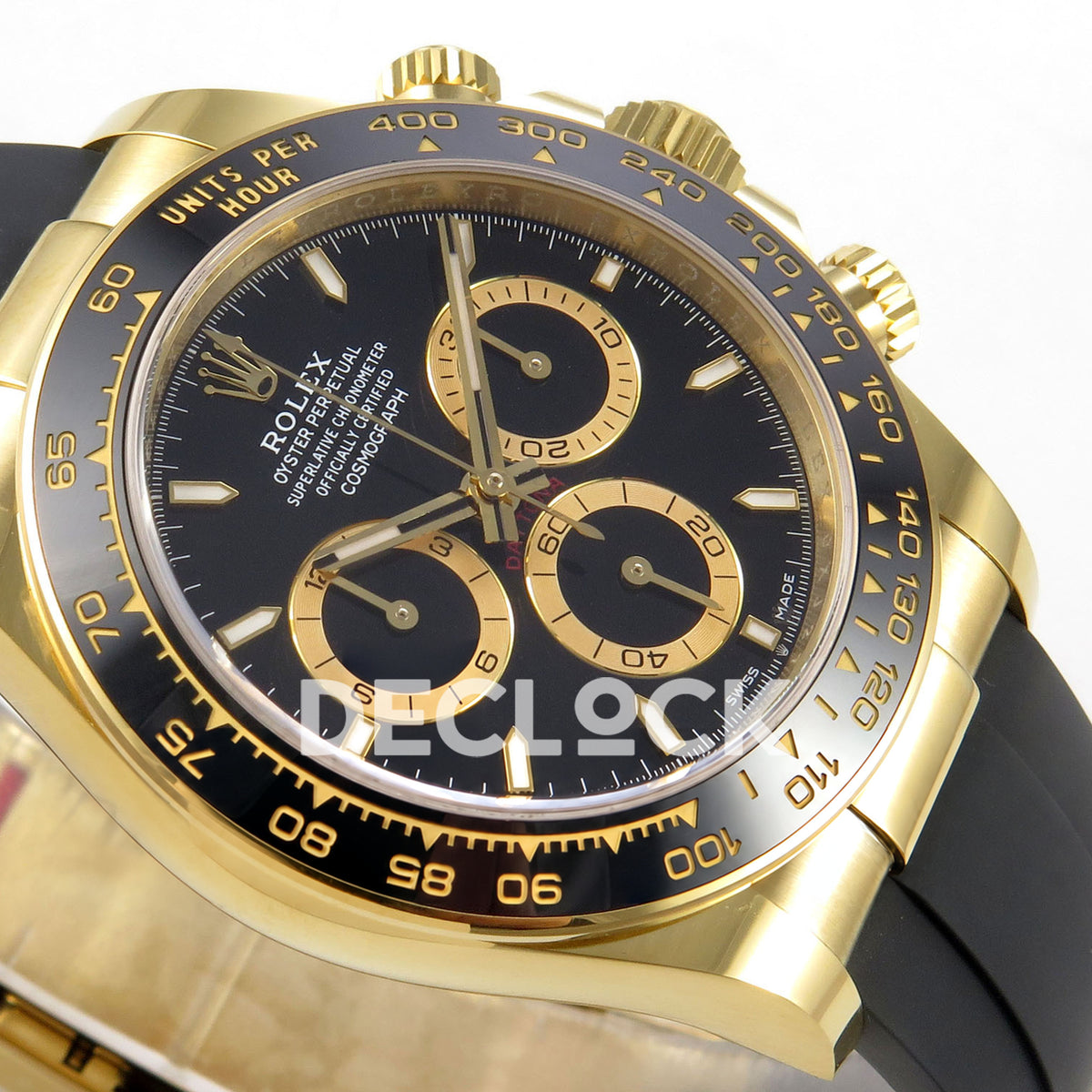 Rolex Daytona 126518 WF JH4131 black dial yellow-gold replica - opposite angled dial and yellow-gold-finish case close-up