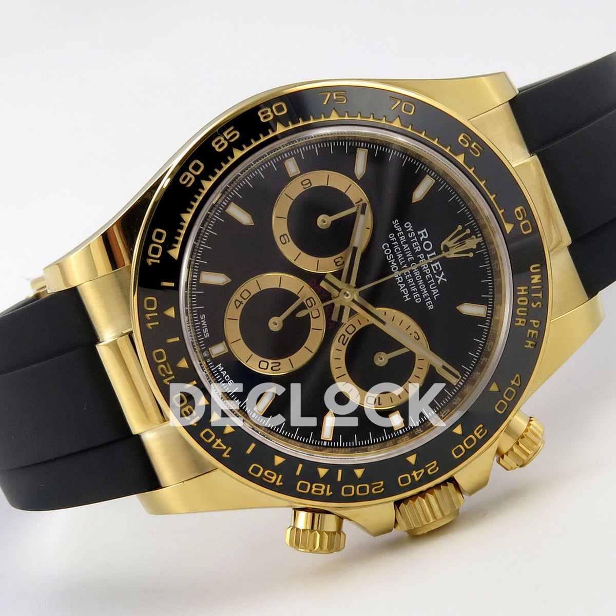 Rolex Daytona 126518 WF JH4131 black dial yellow-gold replica - horizontal front view with black Oysterflex rubber strap