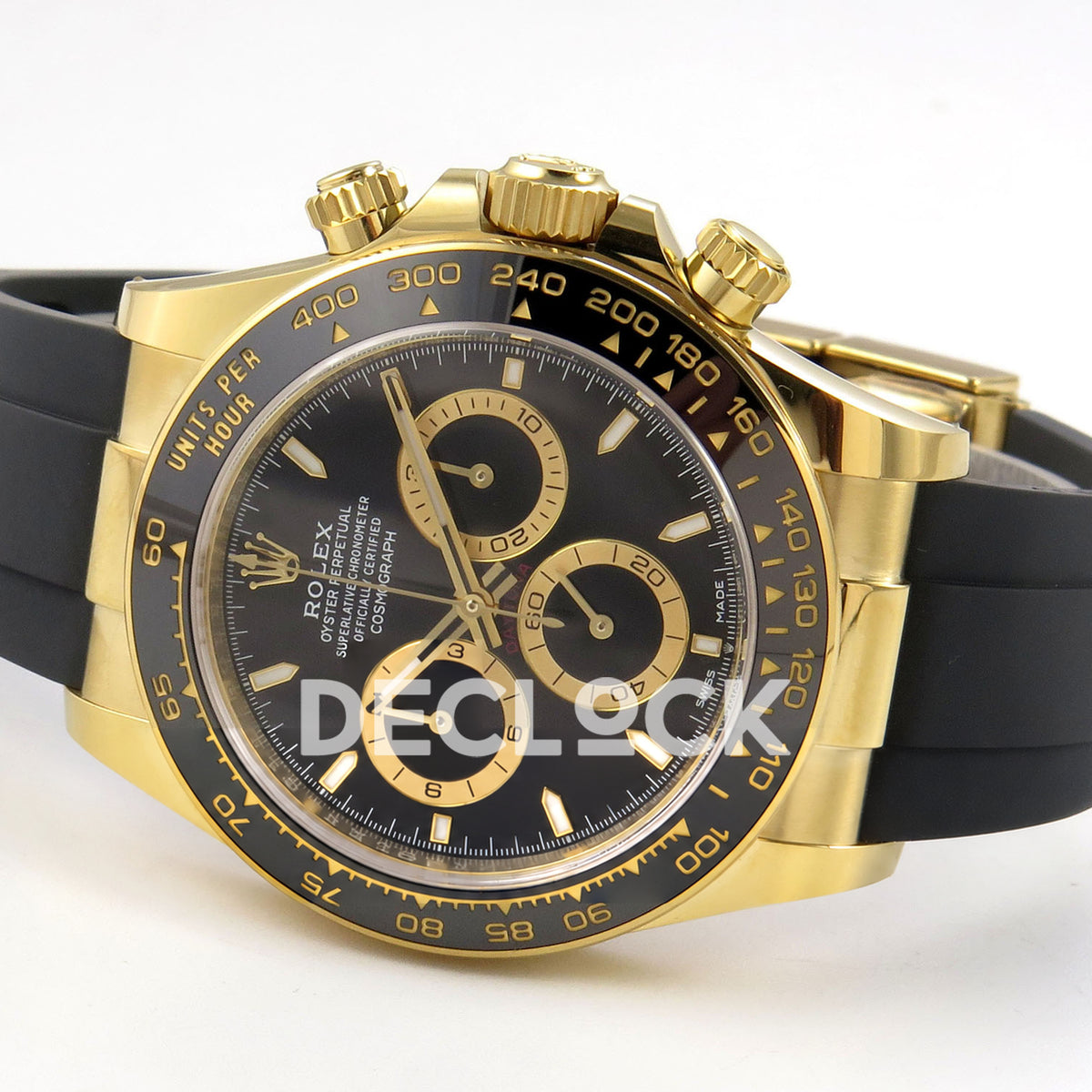 Rolex Daytona 126518 WF JH4131 black dial yellow-gold replica - opposite horizontal front view with Oysterflex strap