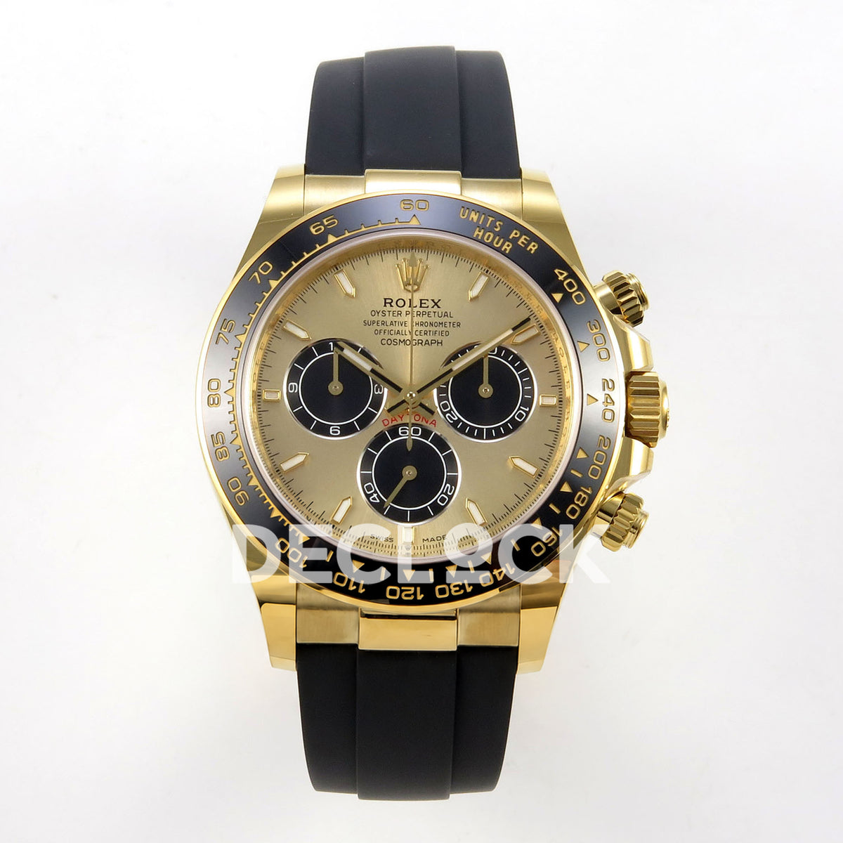 Rolex Daytona 126518 WF JH4131 gold-black dial yellow-gold replica - front view of gold-coloured dial, black subdials and Oysterflex strap