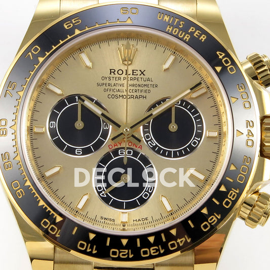 Rolex Daytona 126518 WF JH4131 gold-black dial yellow-gold replica - gold-coloured dial and black chronograph subdials close-up
