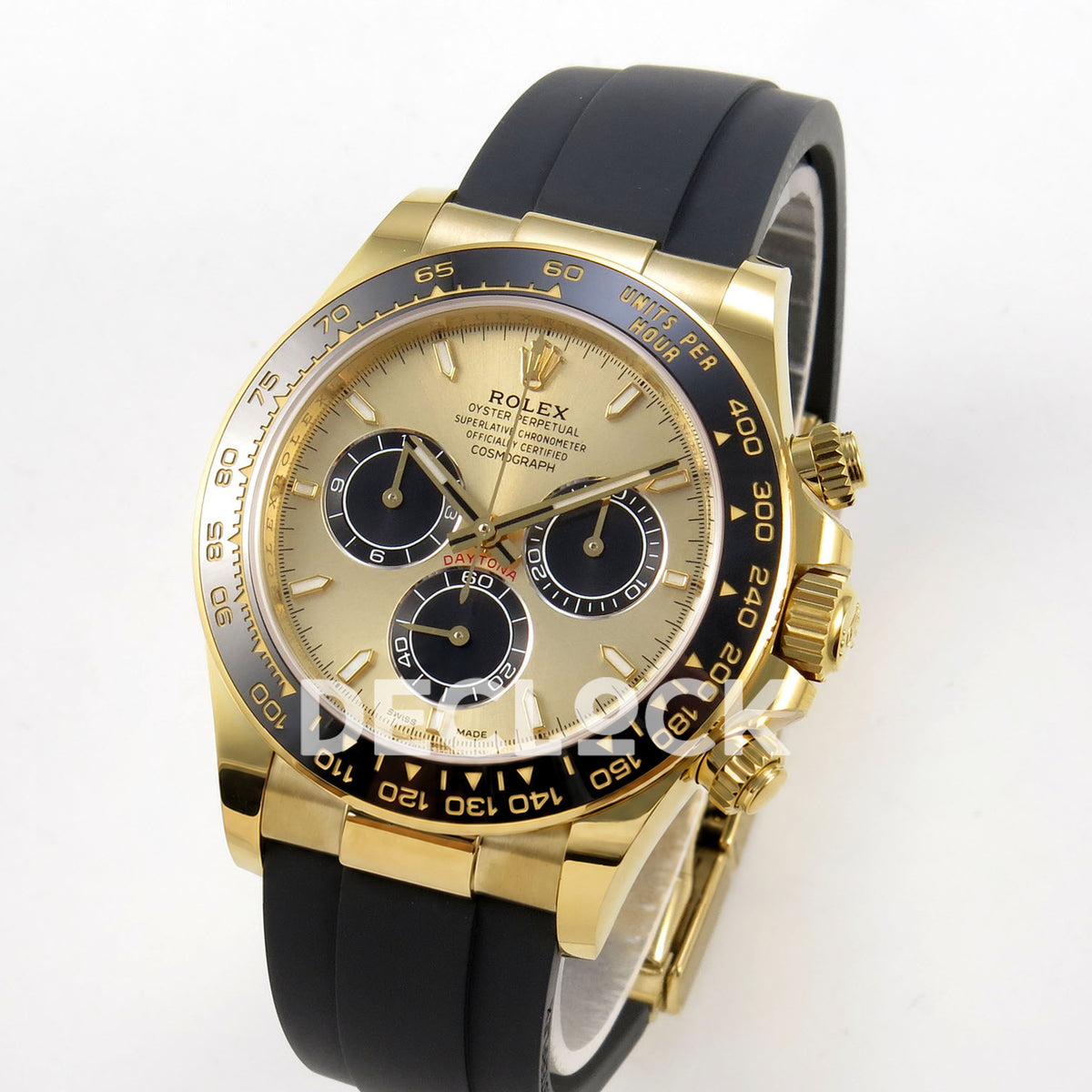 Rolex Daytona 126518 WF JH4131 gold-black dial yellow-gold replica - angled front view of yellow-gold-finish case and Oysterflex strap
