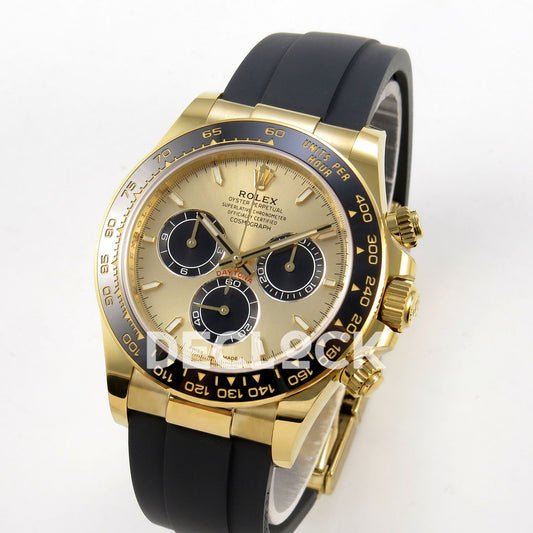 Rolex Daytona 126518 WF JH4131 gold-black dial yellow-gold replica - angled front view of yellow-gold-finish case and Oysterflex strap
