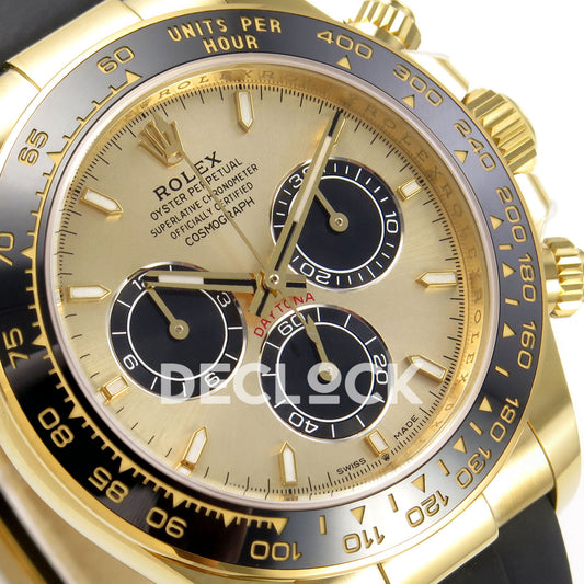Rolex Daytona 126518 WF JH4131 gold-black dial yellow-gold replica - angled gold-coloured dial and black subdials close-up