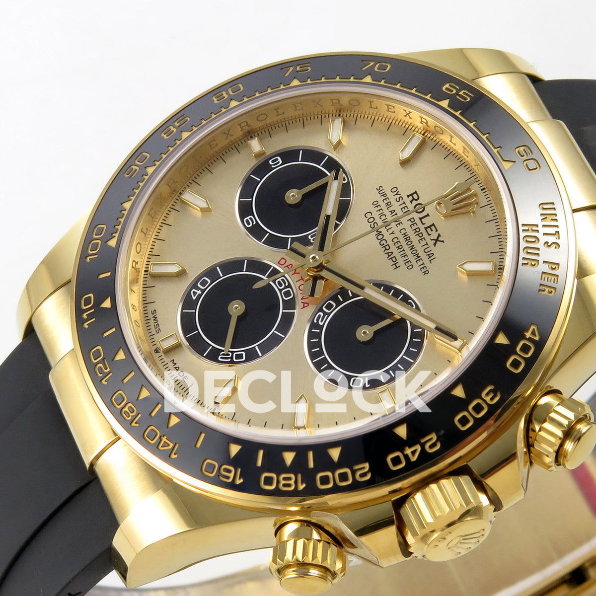 Rolex Daytona 126518 WF JH4131 gold-black dial yellow-gold replica - horizontal angled gold-coloured dial, hands and black ceramic tachymeter bezel