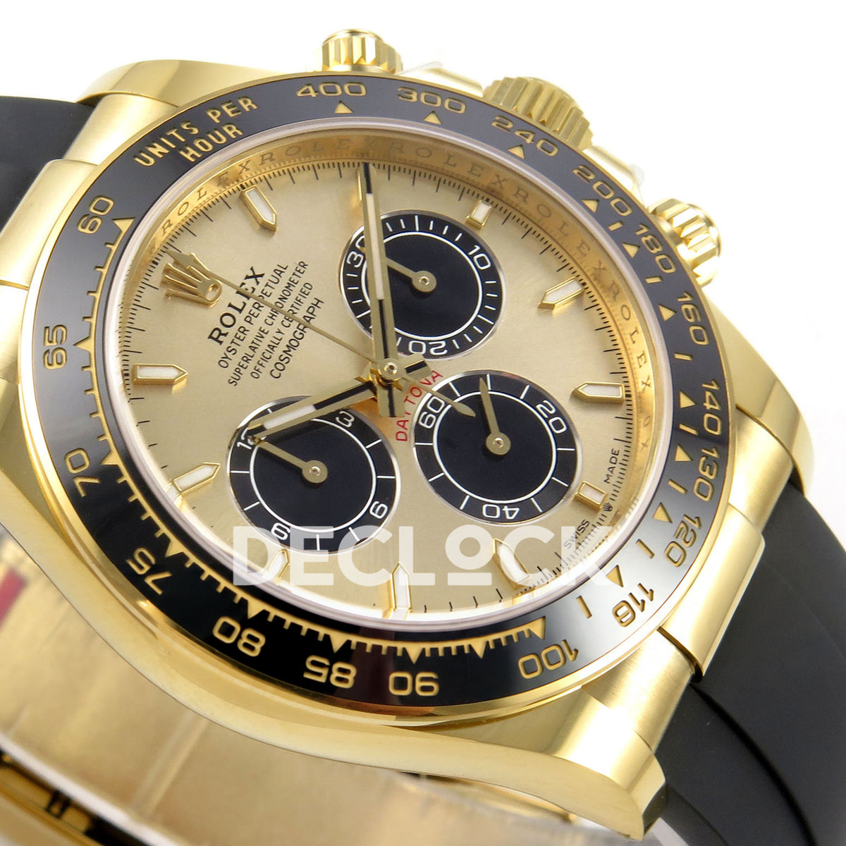 Rolex Daytona 126518 WF JH4131 gold-black dial yellow-gold replica - opposite angled dial and yellow-gold-finish case close-up