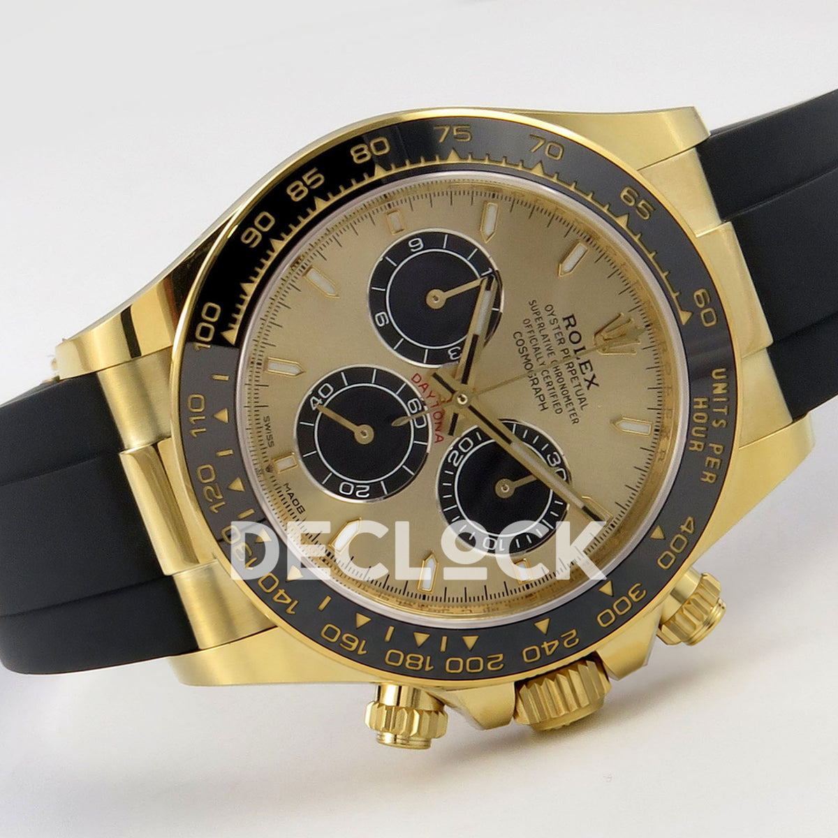 Rolex Daytona 126518 WF JH4131 gold-black dial yellow-gold replica - horizontal front view with black Oysterflex rubber strap