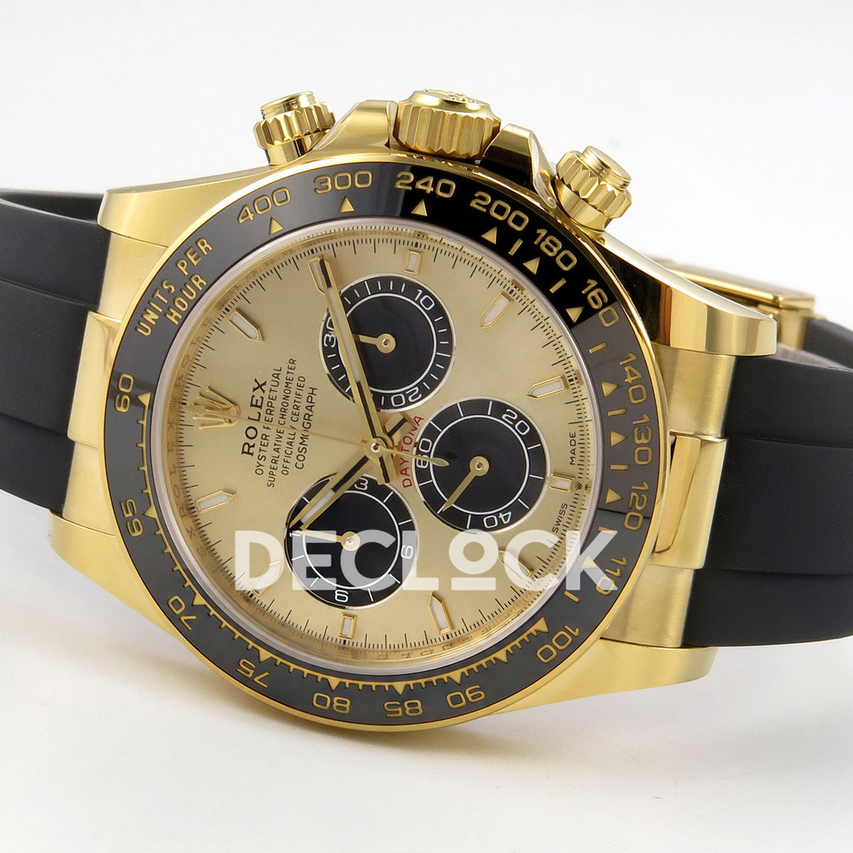 Rolex Daytona 126518 WF JH4131 gold-black dial yellow-gold replica - opposite horizontal front view with Oysterflex strap