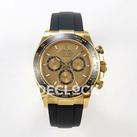 Rolex Daytona 126518 WF JH4131 gold dial yellow-gold replica - front view of gold-coloured dial, black chronograph rings and Oysterflex strap