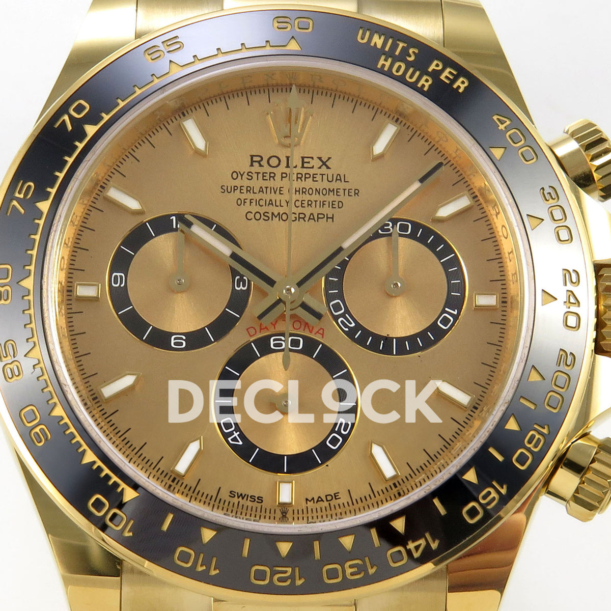 Rolex Daytona 126518 WF JH4131 gold dial yellow-gold replica - gold-coloured dial and black chronograph rings close-up