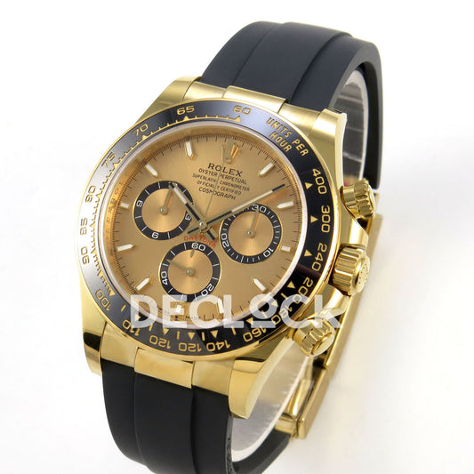 Rolex Daytona 126518 WF JH4131 gold dial yellow-gold replica - angled front view of yellow-gold-finish case and Oysterflex strap