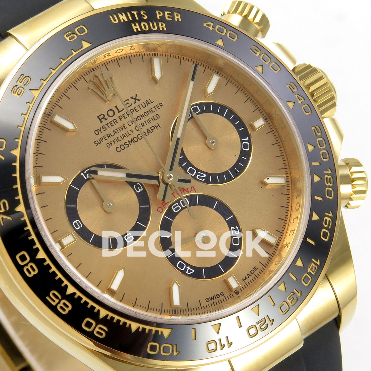 Rolex Daytona 126518 WF JH4131 gold dial yellow-gold replica - angled gold-coloured dial and black chronograph rings close-up