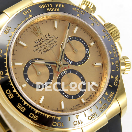 Rolex Daytona 126518 WF JH4131 gold dial yellow-gold replica - angled gold-coloured dial and black chronograph rings close-up