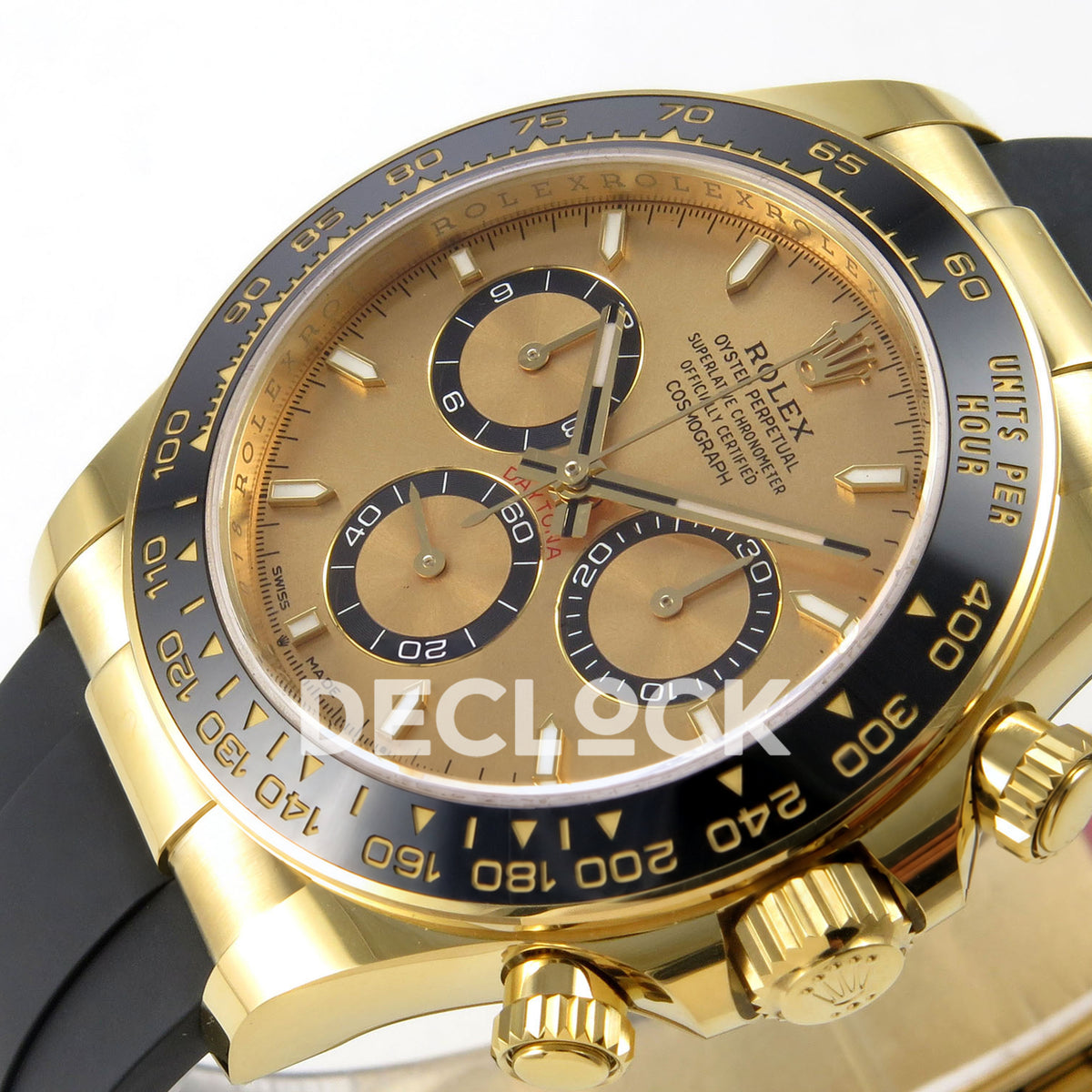 Rolex Daytona 126518 WF JH4131 gold dial yellow-gold replica - horizontal angled gold-coloured dial, hands and black ceramic tachymeter bezel