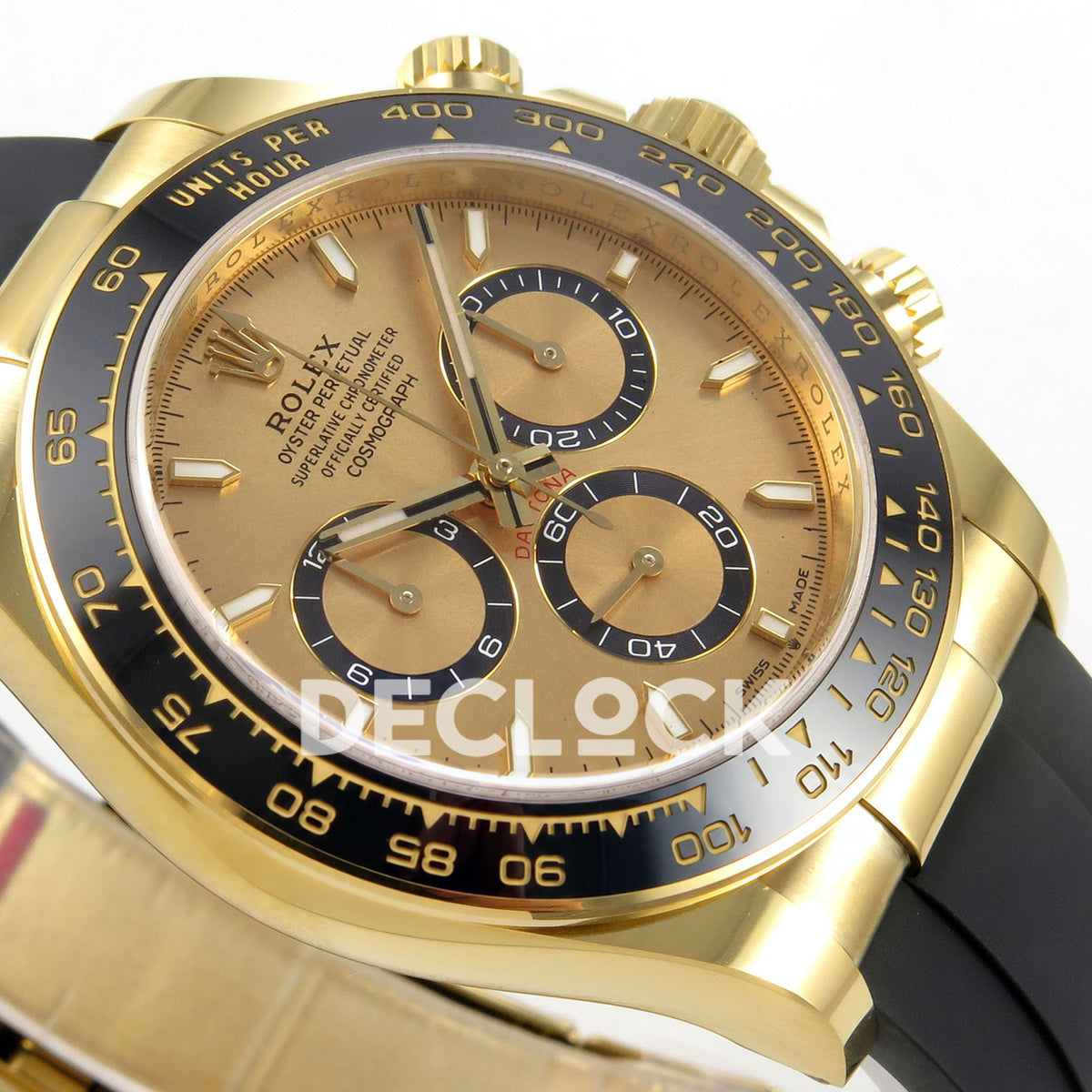 Rolex Daytona 126518 WF JH4131 gold dial yellow-gold replica - opposite angled dial and yellow-gold-finish case close-up