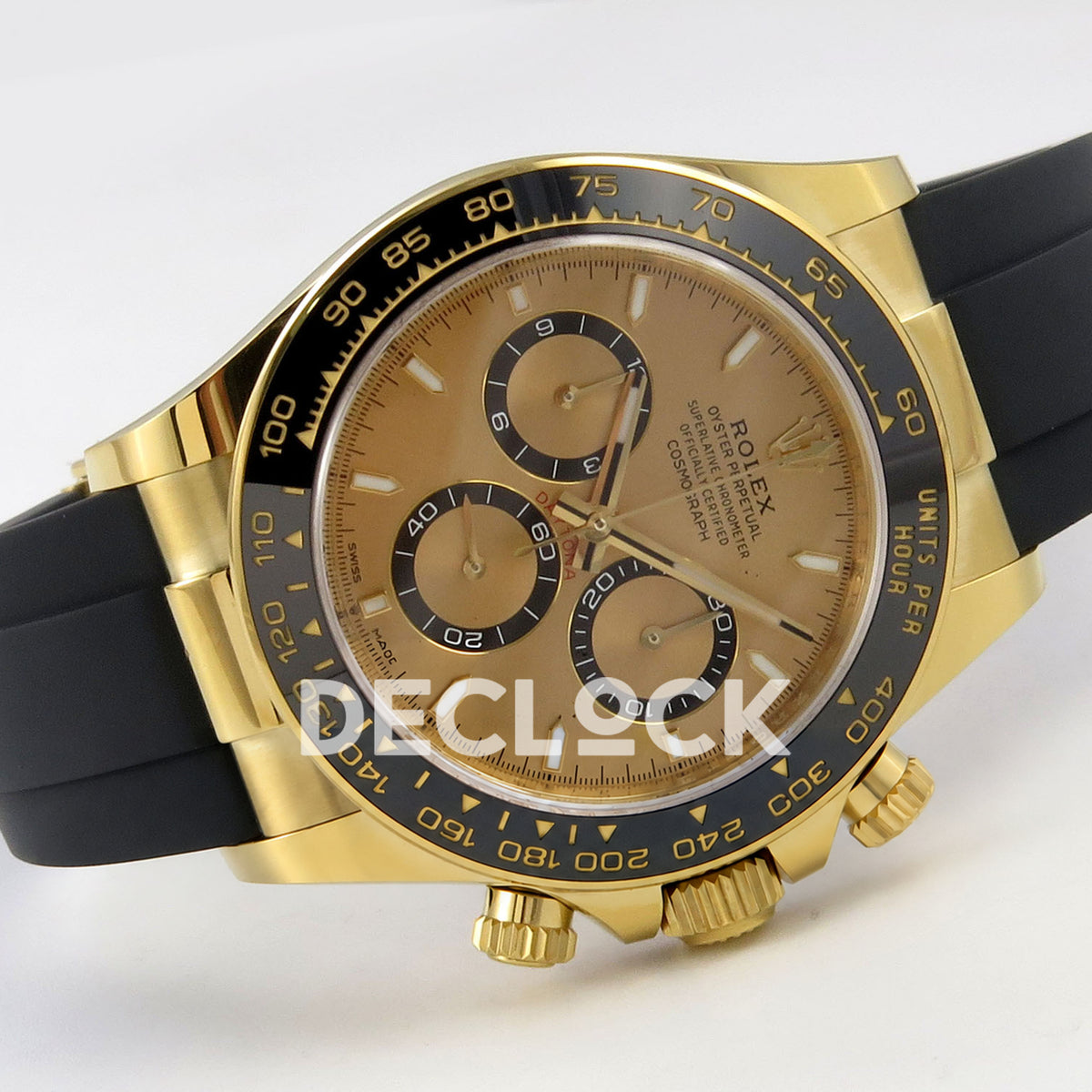 Rolex Daytona 126518 WF JH4131 gold dial yellow-gold replica - horizontal front view with black Oysterflex rubber strap