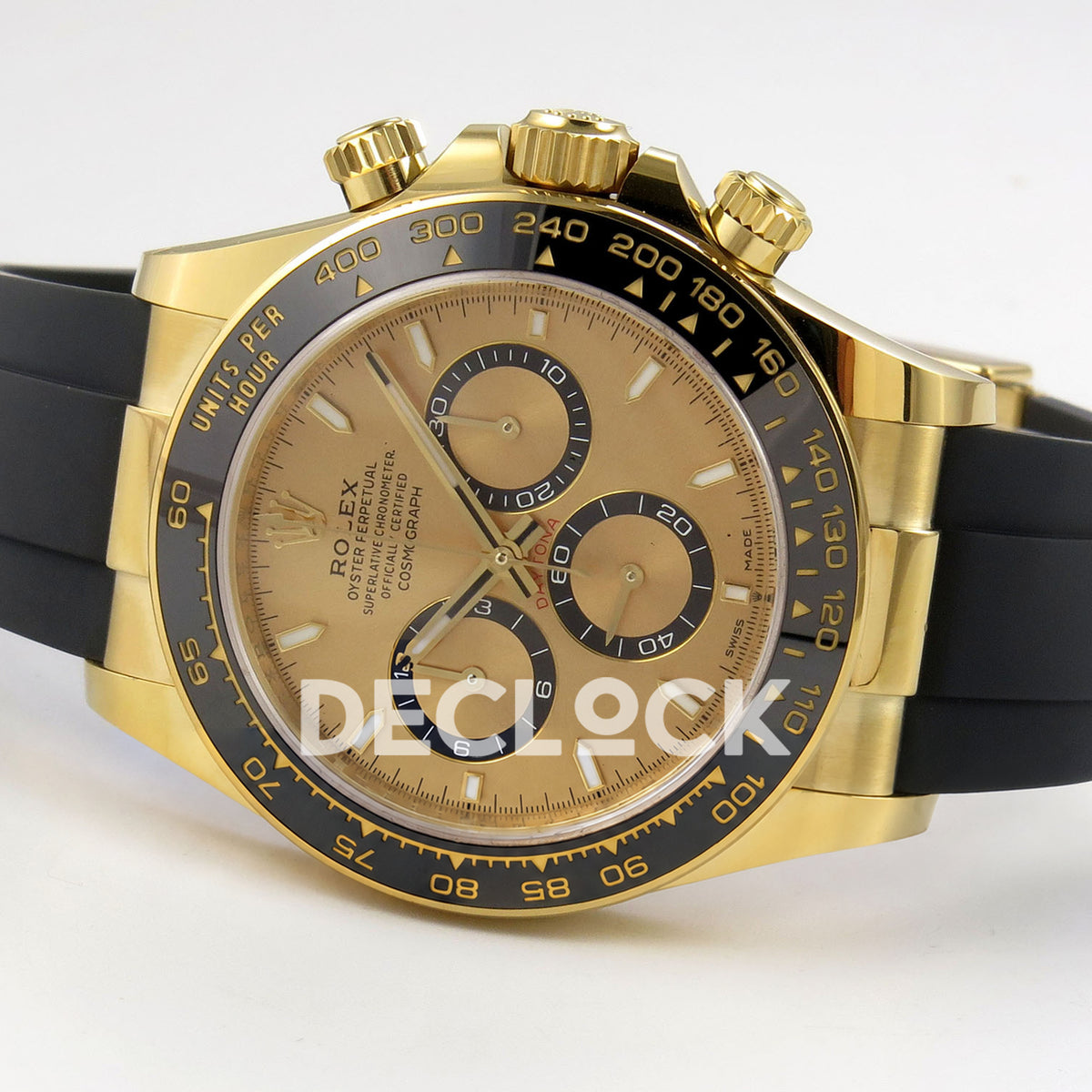 Rolex Daytona 126518 WF JH4131 gold dial yellow-gold replica - opposite horizontal front view with Oysterflex strap