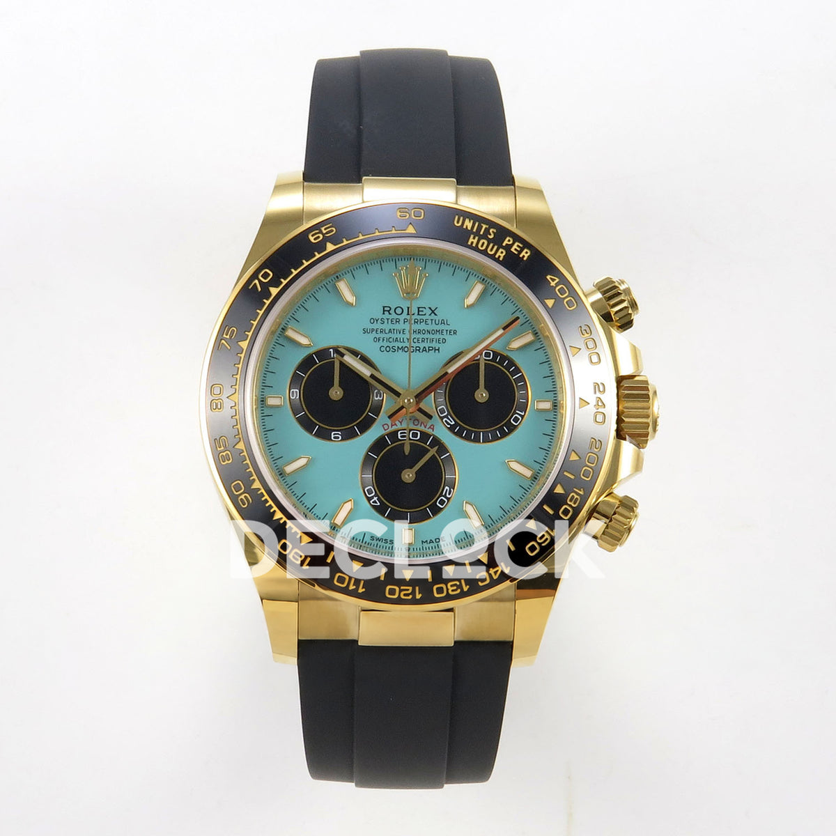 Rolex Daytona 126518 WF JH4131 turquoise yellow-gold replica - front view of turquoise dial, black subdials and Oysterflex strap