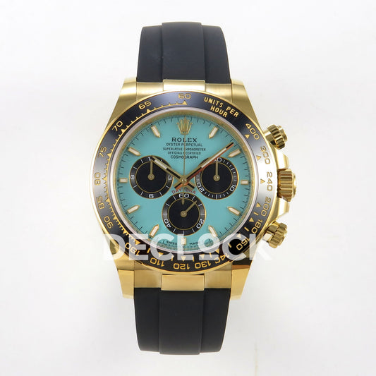 Rolex Daytona 126518 WF JH4131 turquoise yellow-gold replica - front view of turquoise dial, black subdials and Oysterflex strap