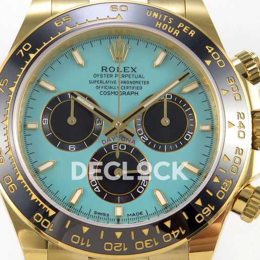 Rolex Daytona 126518 WF JH4131 turquoise yellow-gold replica - turquoise dial and black chronograph subdials close-up