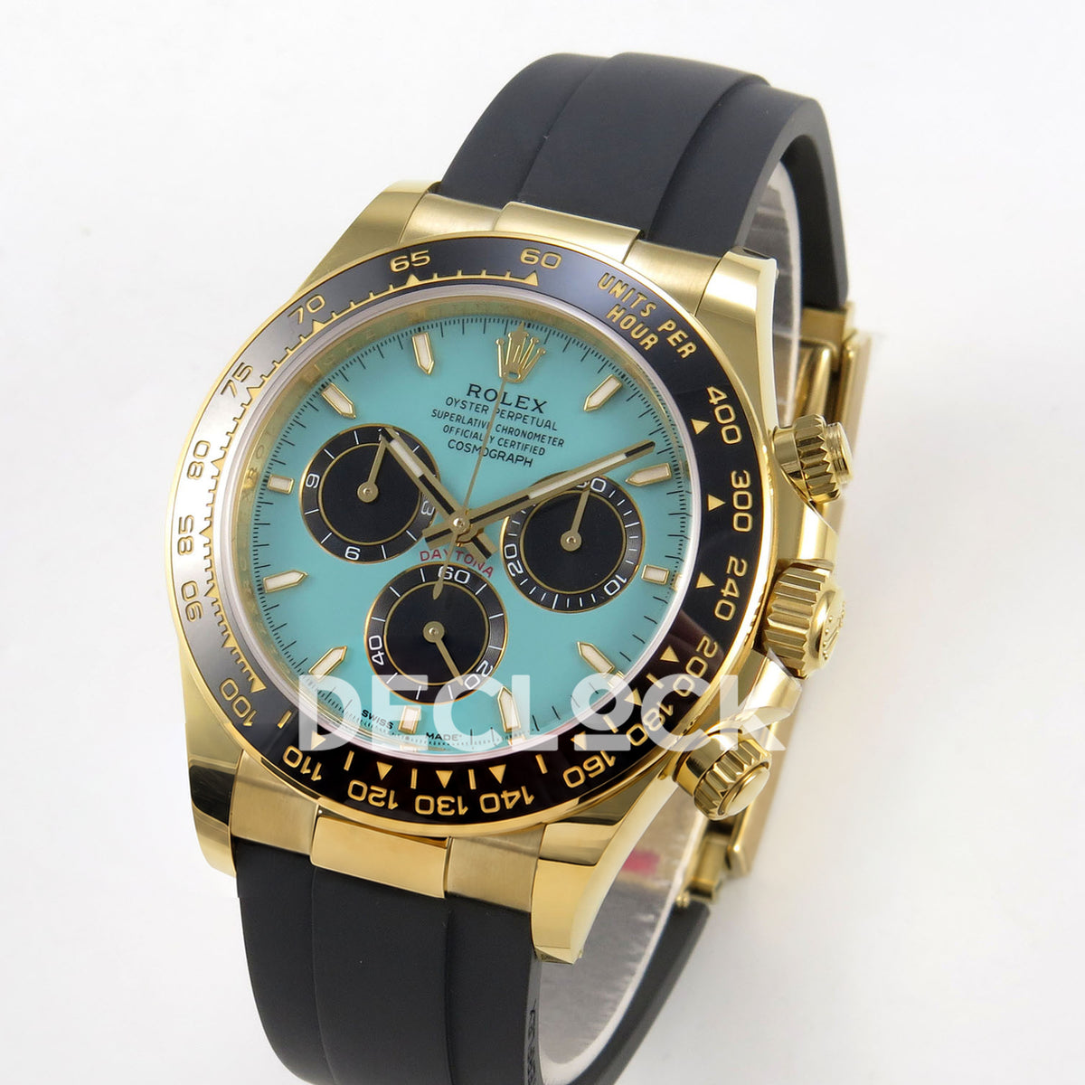 Rolex Daytona 126518 WF JH4131 turquoise yellow-gold replica - angled front view of yellow-gold-finish case and Oysterflex strap