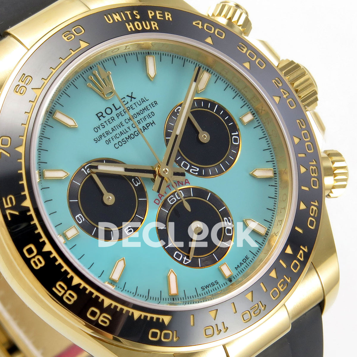 Rolex Daytona 126518 WF JH4131 turquoise yellow-gold replica - angled turquoise dial and black subdials close-up
