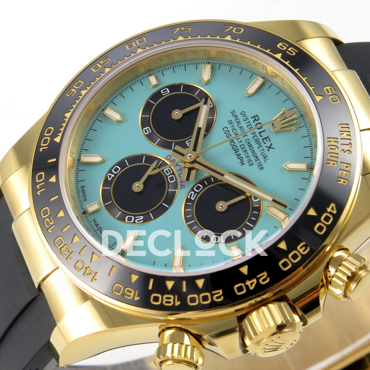 Rolex Daytona 126518 WF JH4131 turquoise yellow-gold replica - horizontal angled turquoise dial, hands and black ceramic tachymeter bezel