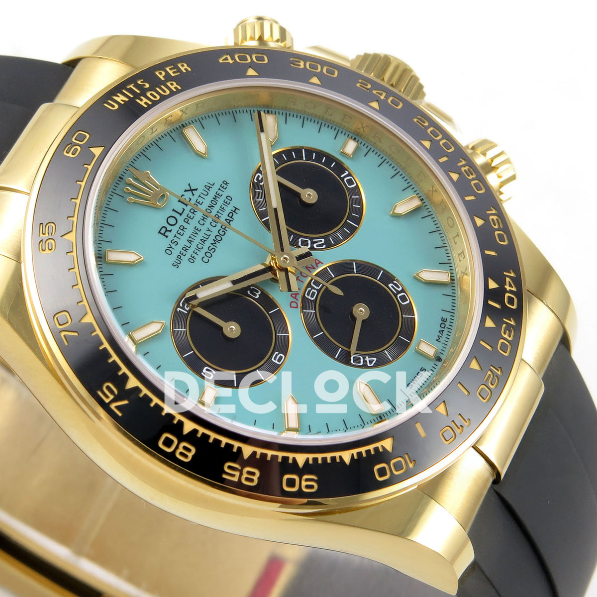 Rolex Daytona 126518 WF JH4131 turquoise yellow-gold replica - opposite angled dial and yellow-gold-finish case close-up