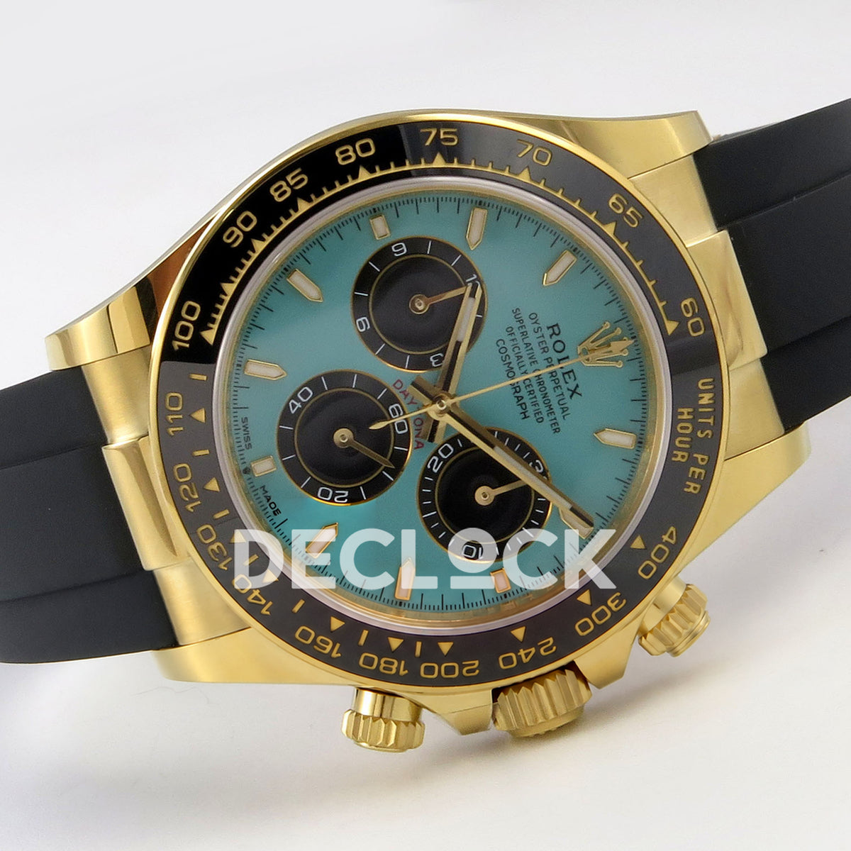 Rolex Daytona 126518 WF JH4131 turquoise yellow-gold replica - horizontal front view with black Oysterflex rubber strap