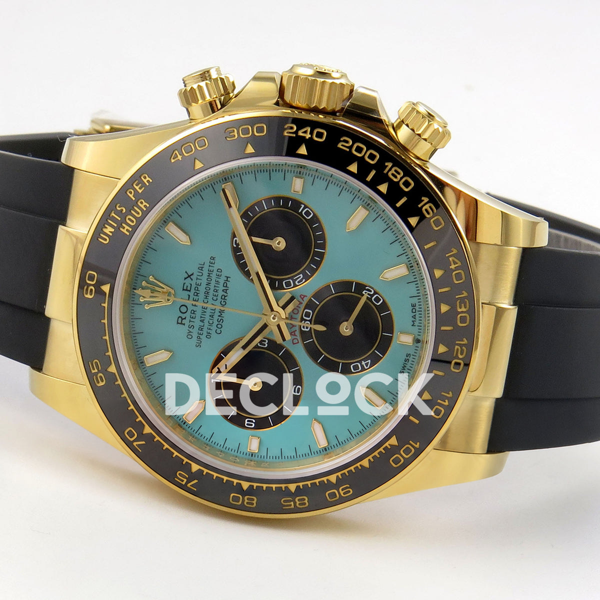 Rolex Daytona 126518 WF JH4131 turquoise yellow-gold replica - opposite horizontal front view with Oysterflex strap