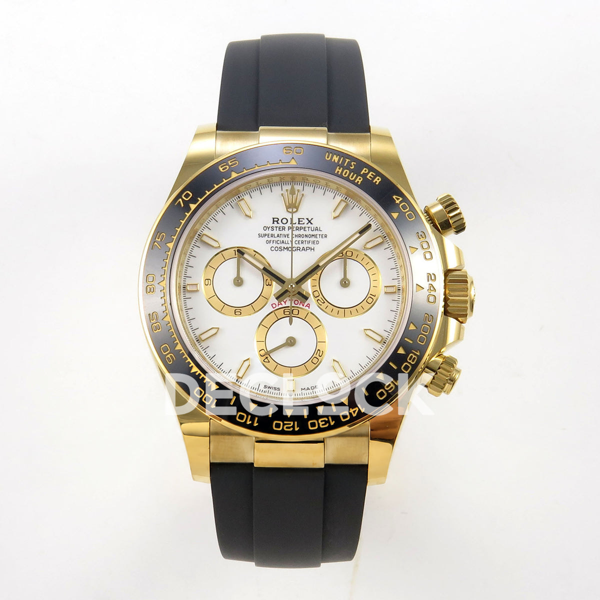 Rolex Daytona 126518 WF JH4131 white dial yellow-gold replica - front view of white dial, gold-coloured chronograph rings and Oysterflex strap