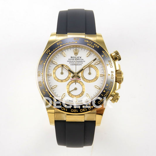 Rolex Daytona 126518 WF JH4131 white dial yellow-gold replica - front view of white dial, gold-coloured chronograph rings and Oysterflex strap