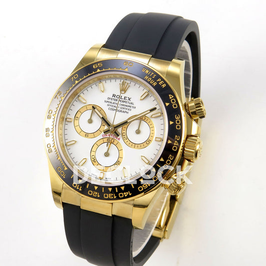 Rolex Daytona 126518 WF JH4131 white dial yellow-gold replica - angled front view of yellow-gold-finish case and Oysterflex strap