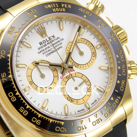 Rolex Daytona 126518 WF JH4131 white dial yellow-gold replica - angled white dial and gold-coloured chronograph rings close-up