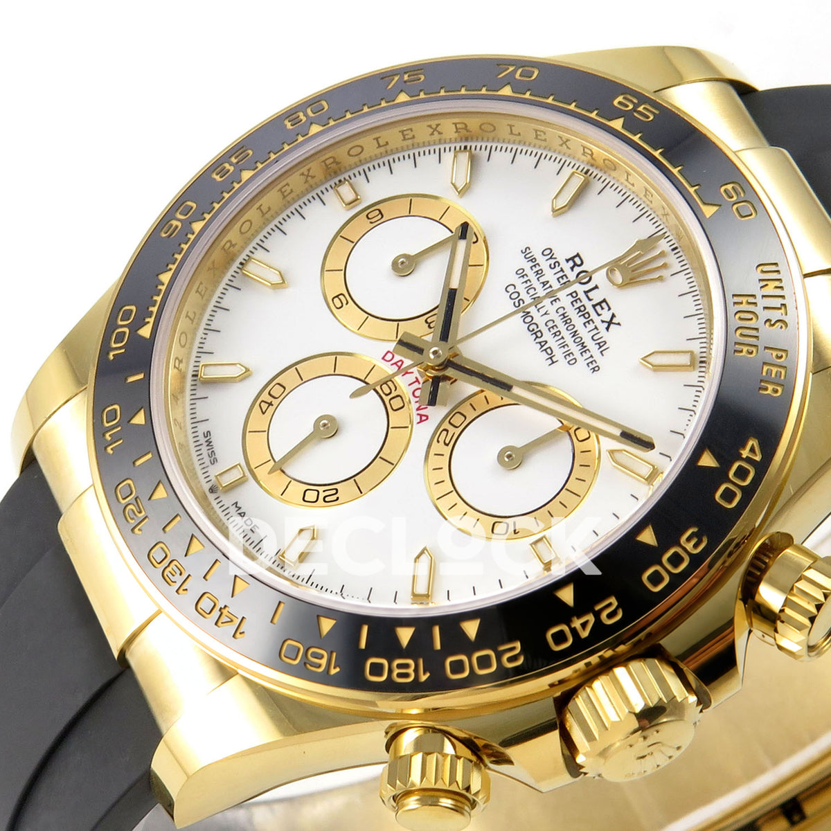 Rolex Daytona 126518 WF JH4131 white dial yellow-gold replica - horizontal angled white dial, hands and black ceramic tachymeter bezel