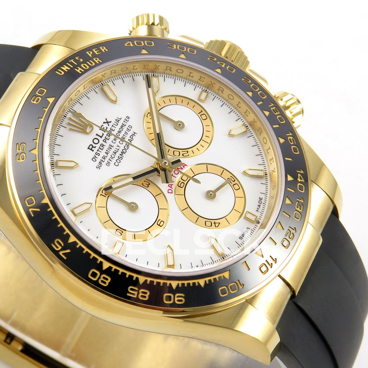 Rolex Daytona 126518 WF JH4131 white dial yellow-gold replica - opposite angled dial and yellow-gold-finish case close-up