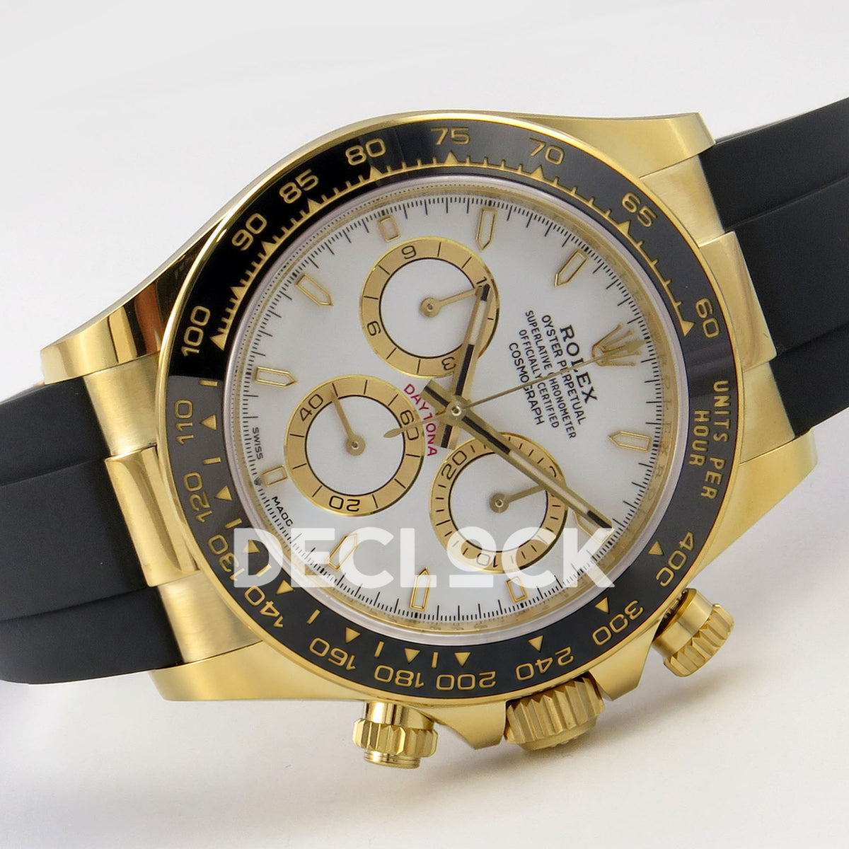 Rolex Daytona 126518 WF JH4131 white dial yellow-gold replica - horizontal front view with black Oysterflex rubber strap