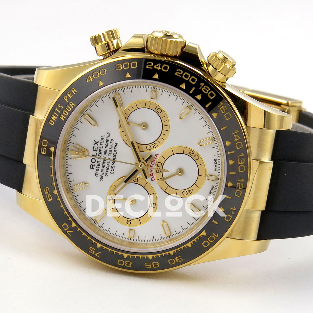 Rolex Daytona 126518 WF JH4131 white dial yellow-gold replica - opposite horizontal front view with Oysterflex strap