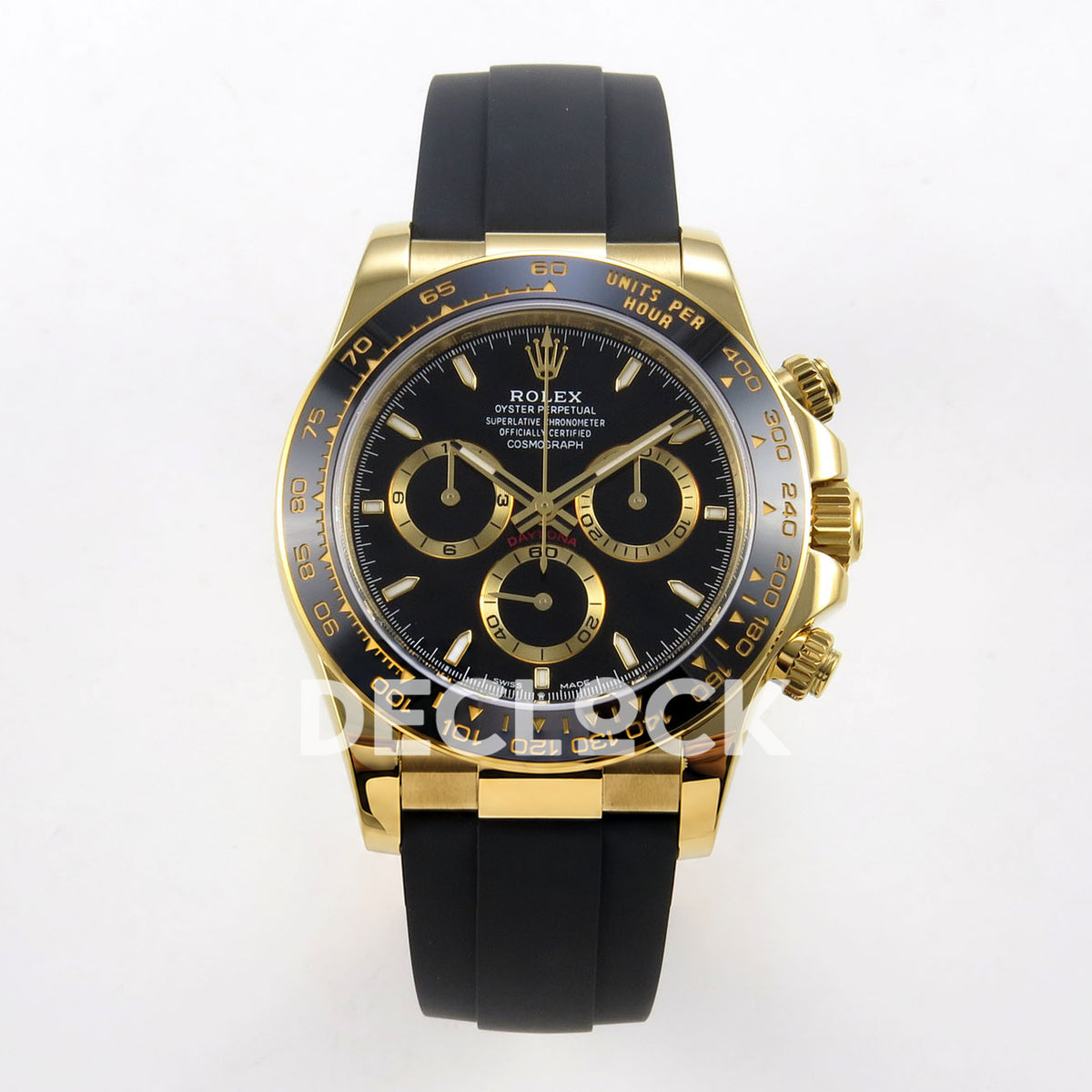 Rolex Daytona 126518 ZF replica - front view of black dial, yellow-gold counter rings and black Oysterflex-style strap
