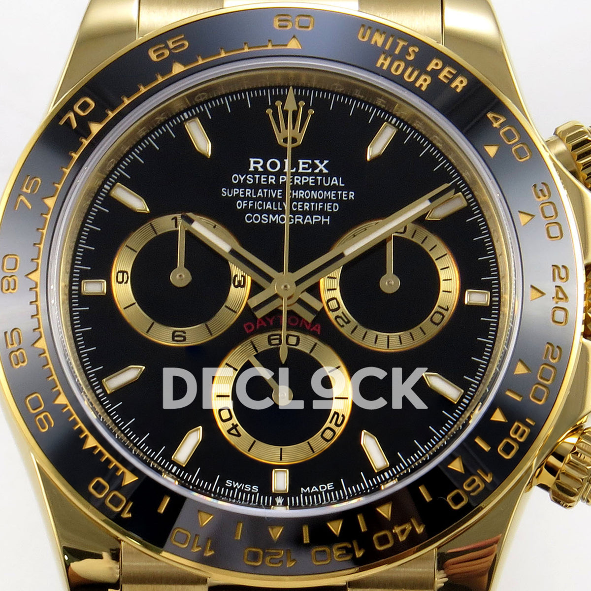 Rolex Daytona 126518 ZF replica - black dial, yellow-gold counter rings and ceramic tachymeter bezel close-up