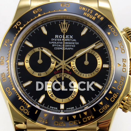 Rolex Daytona 126518 ZF replica - black dial, yellow-gold counter rings and ceramic tachymeter bezel close-up