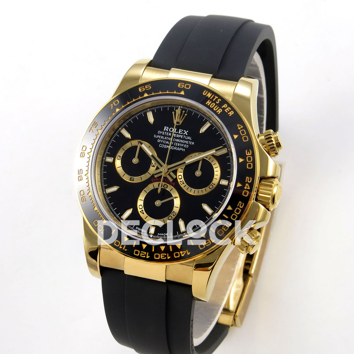 Rolex Daytona 126518 ZF replica - angled front view with yellow-gold-finish case and black rubber strap