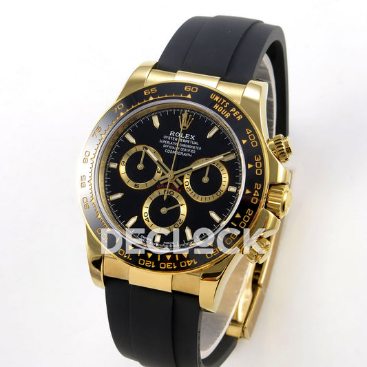 Rolex Daytona 126518 ZF replica - angled front view with yellow-gold-finish case and black rubber strap
